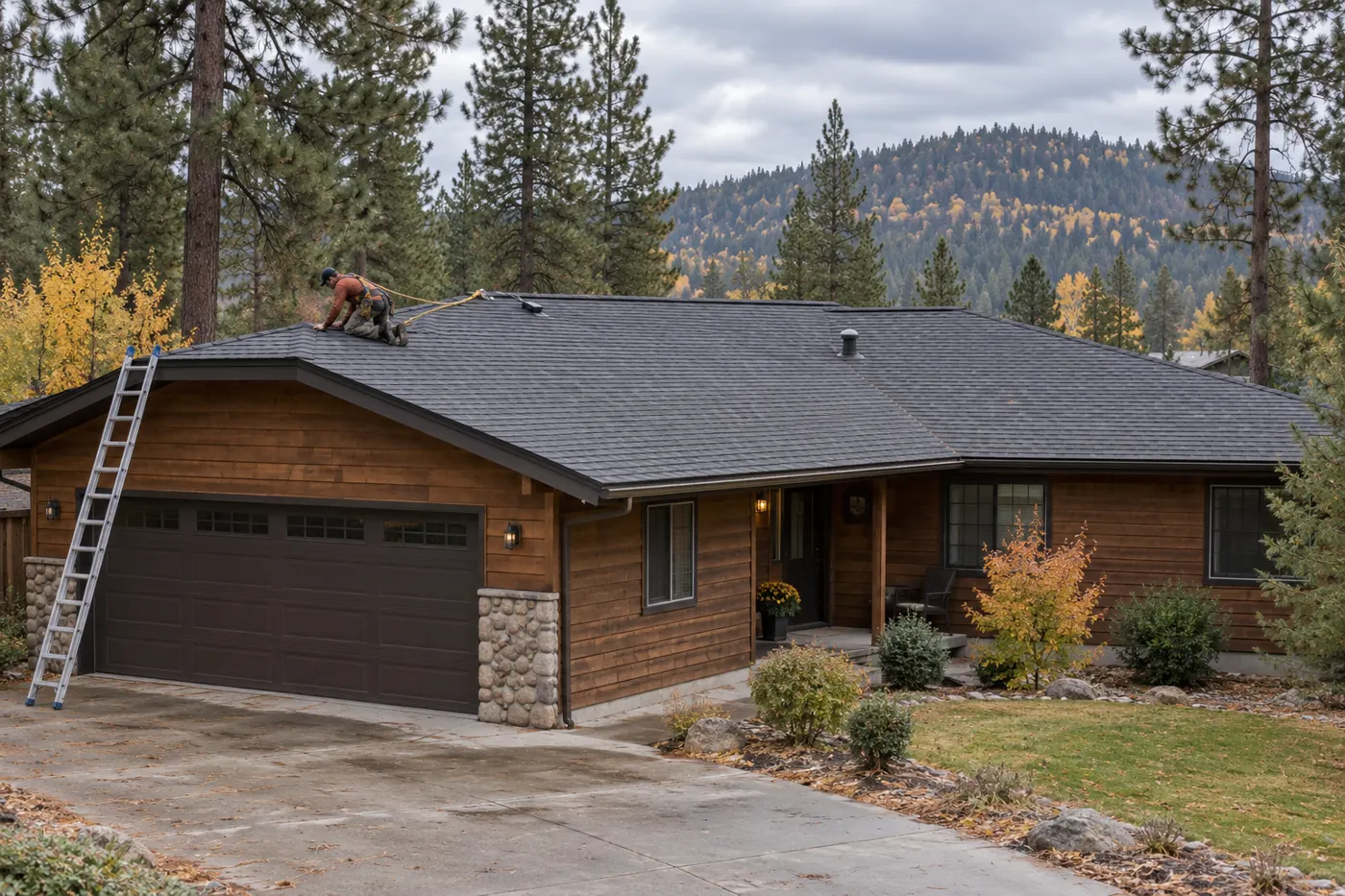 Illustrative scene of a roofer on a modest cedar-sided North Idaho home among tall pines.